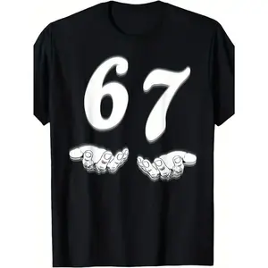 FEEGO Funny 67 Meme T-Shirt for & - 67 Number Joke Design with 6 & 7 Hands Print, 100% Cotton Soft Crew Neck Tee top cotton fabric lover