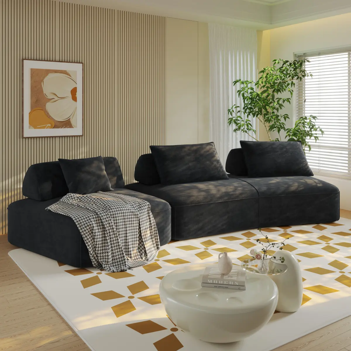 Elegant Ergonomic 139" Modern Light Luxury Oversized Modular Sectional Sofa Set,DIY Upholstered Fluffy Chenille Sofa With Removable Backrests And Soft Pillows,Deep Seat Couch & Sofa Bed For Living Room,Office,Dark Grey    RR # Summervibes