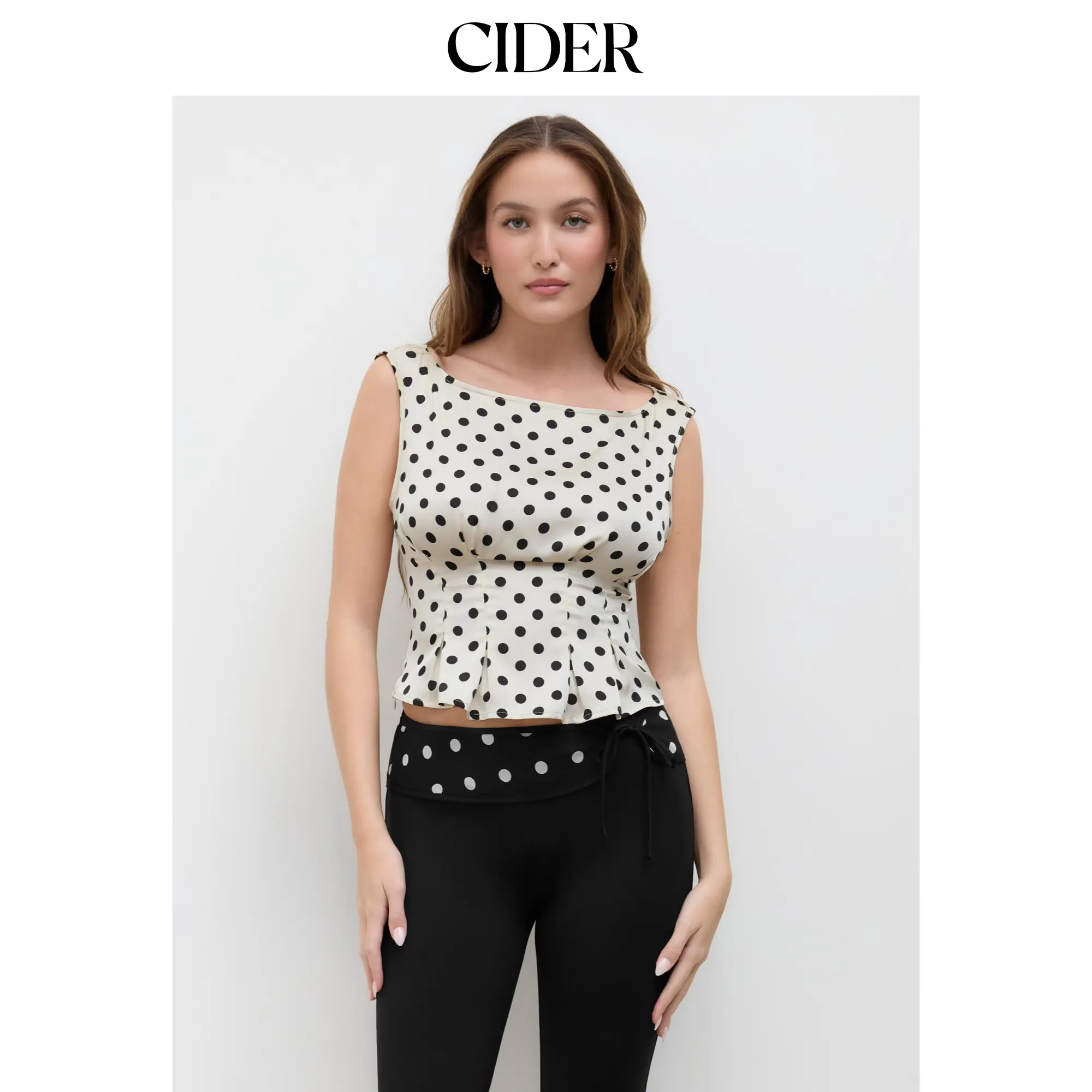 Cider [size 0-26] Boat Neck Polka Dot Pleated Lace Up Tank Top