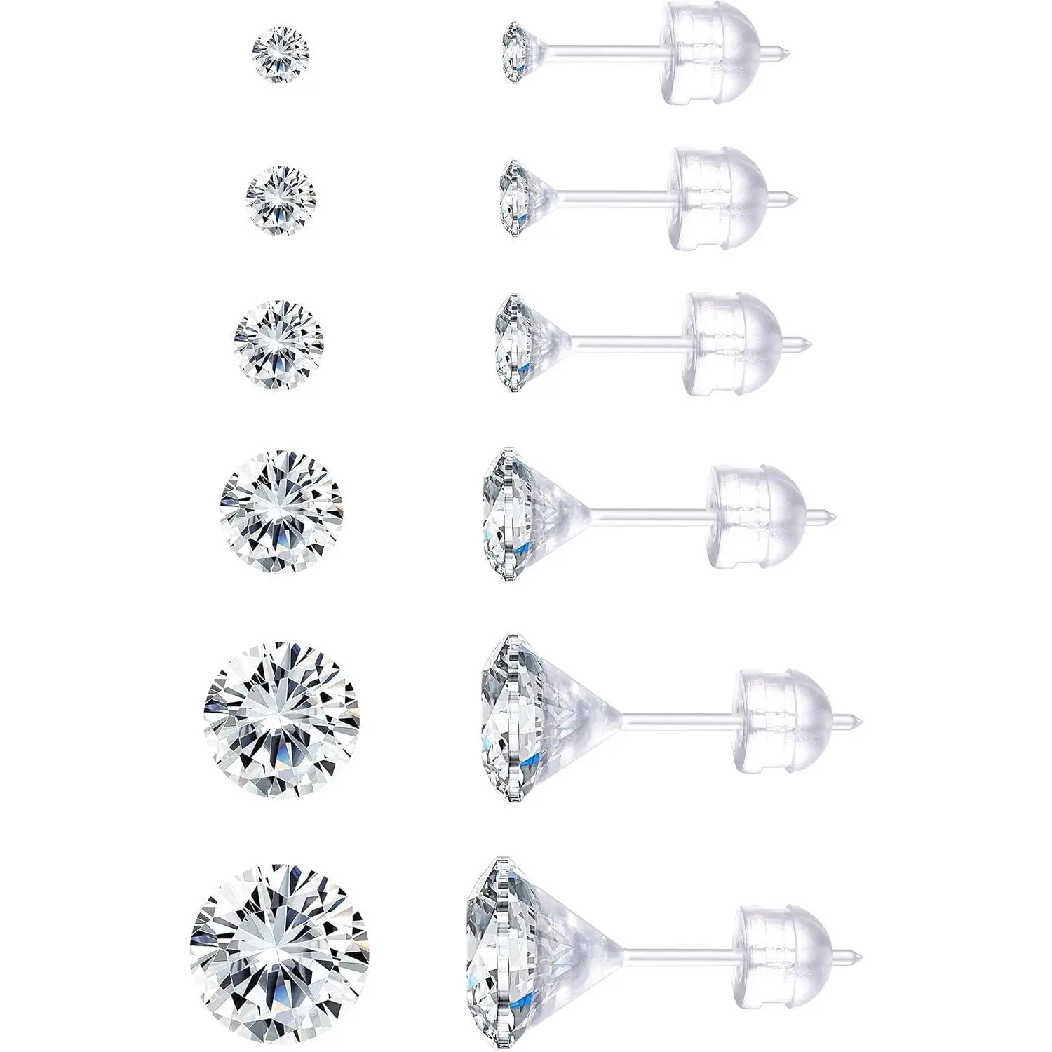 6Pairs Clear Plastic Post Stud Earrings for Women Plastic Earrings for Sensitive Ears Cubic Zirconia Stud Earrings Set 3mm-8mm