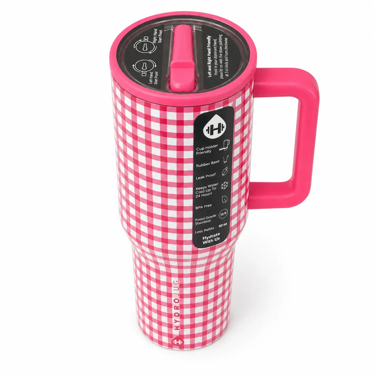 HydroJug 40oz Pink Gingham Aesthetic Stainless Steel Insulated Flask - Portable Drinkware with Handle, Straw, Double Wall Vacuum Leakproof, Women's Travel Coffee Cup for Gym, Car Cup Holder