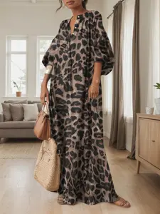 Women's Casual Boho All-Over Leopard Print Dress, Boho Style Womenswear, Street Long Dress for Vacation Wear, Ladies Clothes for Daily Wear, Casual Comfy Chic