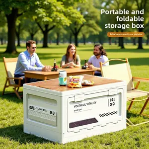 A highly practical car trunk storage box that can also serve as a camping storage box, outdoor dining table, stool, and toy storage container.