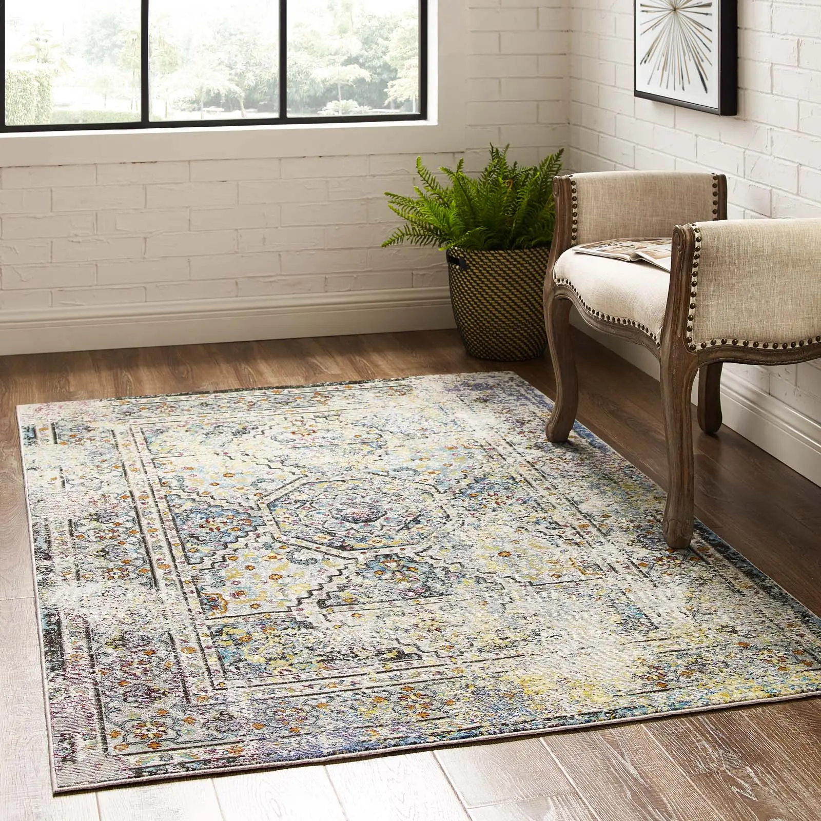 Modway Success Jacinda Distressed Floral Print Faded Medallion 4x6 Area Rug, Multicolored Home Decorative Rug, Faded Medallion Rug