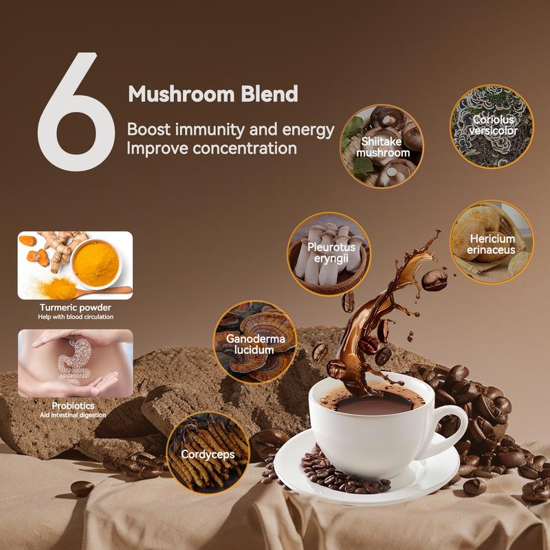 Mushroom Coffee with 6 Adaptogenic Mushrooms and 2 Billion CFUs Lactobacillus plantarum, USA Grown Instant Coffee for Better Energy, Focus, Digestion, Immunity with Cordyceps, Shiitake, Chaga , 30 Servings (180g/6.35oz)
