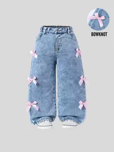 Cute Bowknot Baby Girl Jeans, Light Wide Leg Denim Jeans, Elastic Waist Casual Fashion, Perfect for Daily Wear