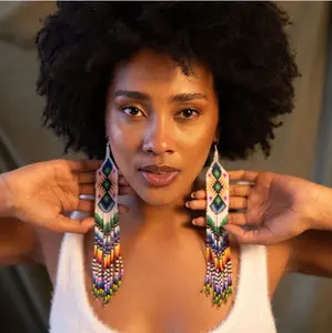 AHAHA Handmade Beaded Extra Long Tassel Earrings Bohemian Style Geometric Shape Seed Beaded Pendant Women's Earrings Jewelry Music Festival Best Friends Birthday Gift Bling Stylish Accessory