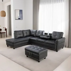 Black Leather Sofa Combo with Storage, 70" 3-Seat Couch with Rivet Design, Comfy Furniture Set for Small Spaces Living Room