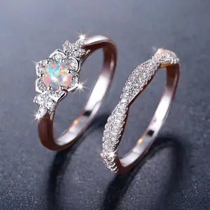 Two Shiny Synthetic Opal Stone Stacked Rings Set Ladies Engagement Wedding Daily Wear Accessories Perfect Gifts for Dinner Party