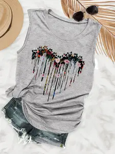 Women's Floral & Dripping Heart Print Tank Top Casual Sleeveless Cami Round Neck Top for Summer, Ladies Clothes for Daily Wear