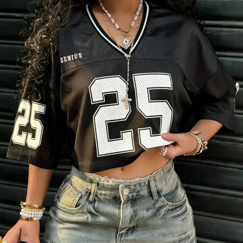 Women's Retro Sporty Cropped Jersey, 23 Number Graphic V-Neck Mesh Short Sleeve T-Shirt, Streetwear Apparel For Daily Outfit, Casual Fashion Sporty, Casual Tennis Top, Breathable Athletic Top, Breathable Sports Tee
