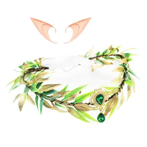 GentleLie Fairy Leaf Crown with Elf Ears, Handmade Woodland Headpiece with Green Gemstone, Forest Leaf Circlet, Perfect for Ren Faire Costumes, Halloween Cosplay, LARP, Photo Shoots, Parties & Festivals