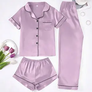 Women's 3-Piece Solid Color Pajama Set - Collared Short Sleeve Top, Elastic Waist Shorts & Long Pants, Soft & Comfortable Loungewear, Lightweight Fabric, Nightwear