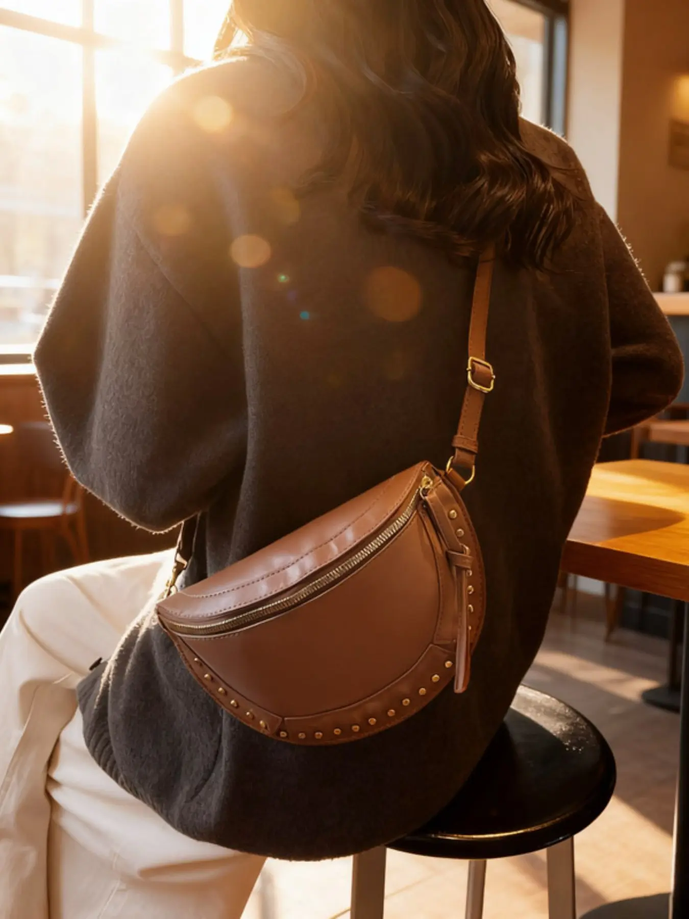 Cool Punk PU Rivet Saddle Bag, Single Shoulder Crossbody Versatile Commute School Daily Casual Unique Bag, Stylish and Durable Design, Crossbody Fashion Bag, Fashionable Bags