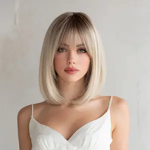 SMILCO/14Inch Ombre Brown ash Gold Short Straight with Bangs Synthetic Wig/SM395