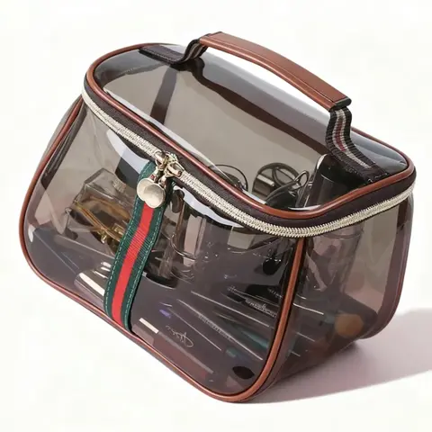 Women's New Retro Vintage Zip Cosmetic Pouch - 1 Pcs Large Capacity Waterproof Transparent Vanity Bag, Portable Makeup Organizer for Ladies & Adults, Travel Skincare Toiletry Storage Case (Brown)