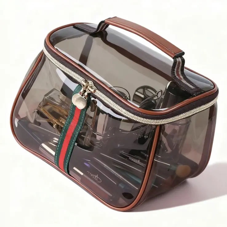 Women's New Retro Vintage Zip Cosmetic Pouch - 1 Pcs Large Capacity Waterproof Transparent Vanity Bag, Portable Makeup Organizer for Ladies & Adults, Travel Skincare Toiletry Storage Case (Brown)