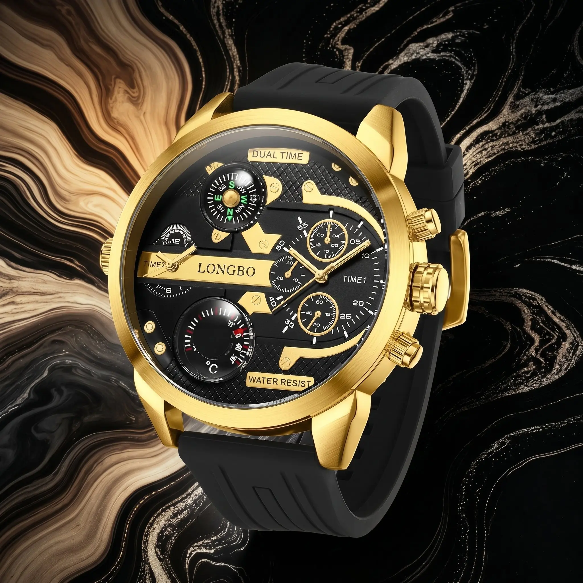 LONGBO Men's Black and Gold Masculine Dual Time Zone Sports Watch, 3ATM Water Resistant Watch, Large Dial Multi-Function Quartz Timepiece with Rubber Strap, Business-Casual Ideal Gift, Large Dial Wrist Watches