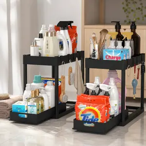 2pcs Under Sink Organizer Double - tier Sliding Storage Basket with 8 Hooks Kitchen Bathroom Storage Solutions Organizers and Storage Rack for Kitchen Accessories
