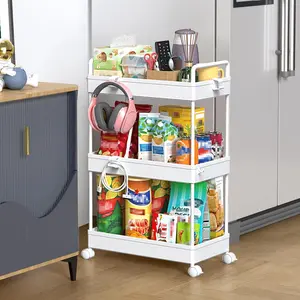 3 Tier Rolling Storage Cart with Wheels Slim Craft  Makeup Snack Art  Utility Cart Organizer  2 Lockable Wheels for Bathroom Laundry Room Kitchen Bedside Narrow Spaces, White