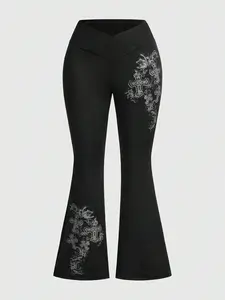Women's High Waist baggy Scrunch leggings, Cross Waist Design, Tummy Control & Butt Lift, Floral & Cross Print, Casual Fitted Leggings, High Waisted Legging