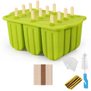 12-Cavity Popsicles Molds Set Homemade Maker Ice Pop Mold Silicone Freezer Molds with 50 Popsicle Sticks 50 Popsicle Bags 50 Ties and Cleaning Brush