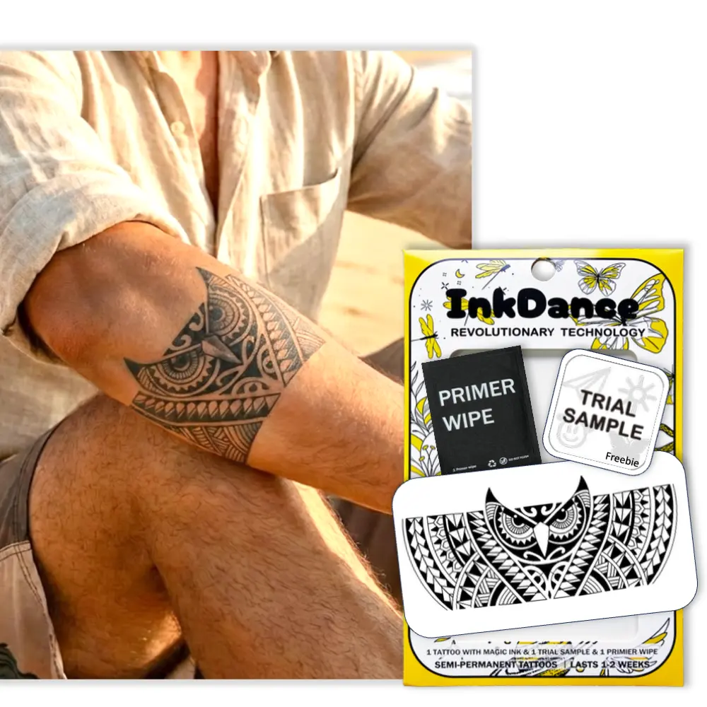 InkDance Semi-Permanent Tattoo, Tribal Guardian Owl Armband, Long Lasting Temporary Tattoos for Men, Waterproof Plant-Based Ink, Lasts 1-2 Weeks, Color Develops in 24 Hours D052