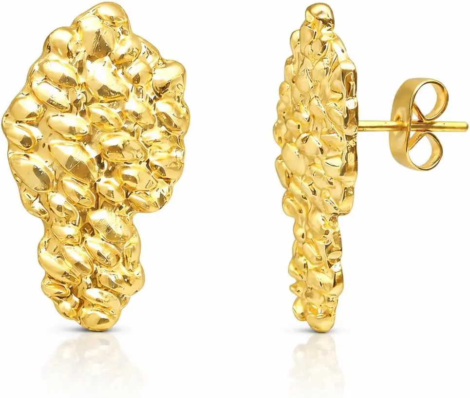 Men's 18 Karat Gold Plated 925 Sterling Silver Gold Nugget Stud Jewelry Earrings