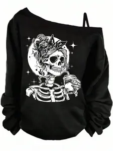 Halloween Women's Casual Loose-Fit Long Sleeve T-Shirt, Fun Skull Print Design, All-Season Comfortable Home Wear Essential, Skeleton