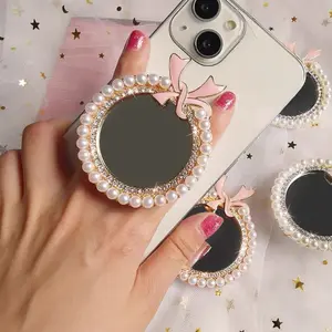 Pearl Bow Mirror Phone Stand, Adhesive Extendable Foldable, Live Streaming Movie Desktop Lazy Holder, Gold and Silver Color Options