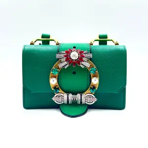 Pre-owned miu miu Leather Crossbody Bags Madras Crystal Embellished Buckle Flap Shoulder Bag green
