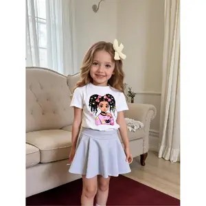 Cute Cartoon Print Toddler Girl's Round Neck Tee for Summer Casual Outdoor Wear
