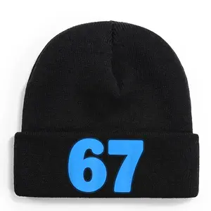 S&T 67 Number Meme Beanie - Blue 67 Printed Black Unisex Winter Hat, Kpop/Rock Style Warm Stretchy Beanie, Unisex, Comfortable for All Seasons, Hand Washable - Fun Birthday Gift for 67-Year-Olds and Meme Enthusiasts
