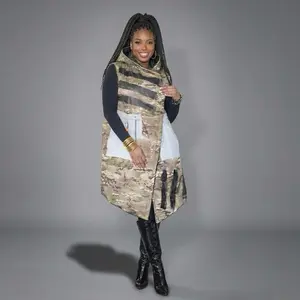 Women’s Camo Hooded Puffer Vest | Distressed Denim Accent Pockets | Oversized Urban Outerwear Coat