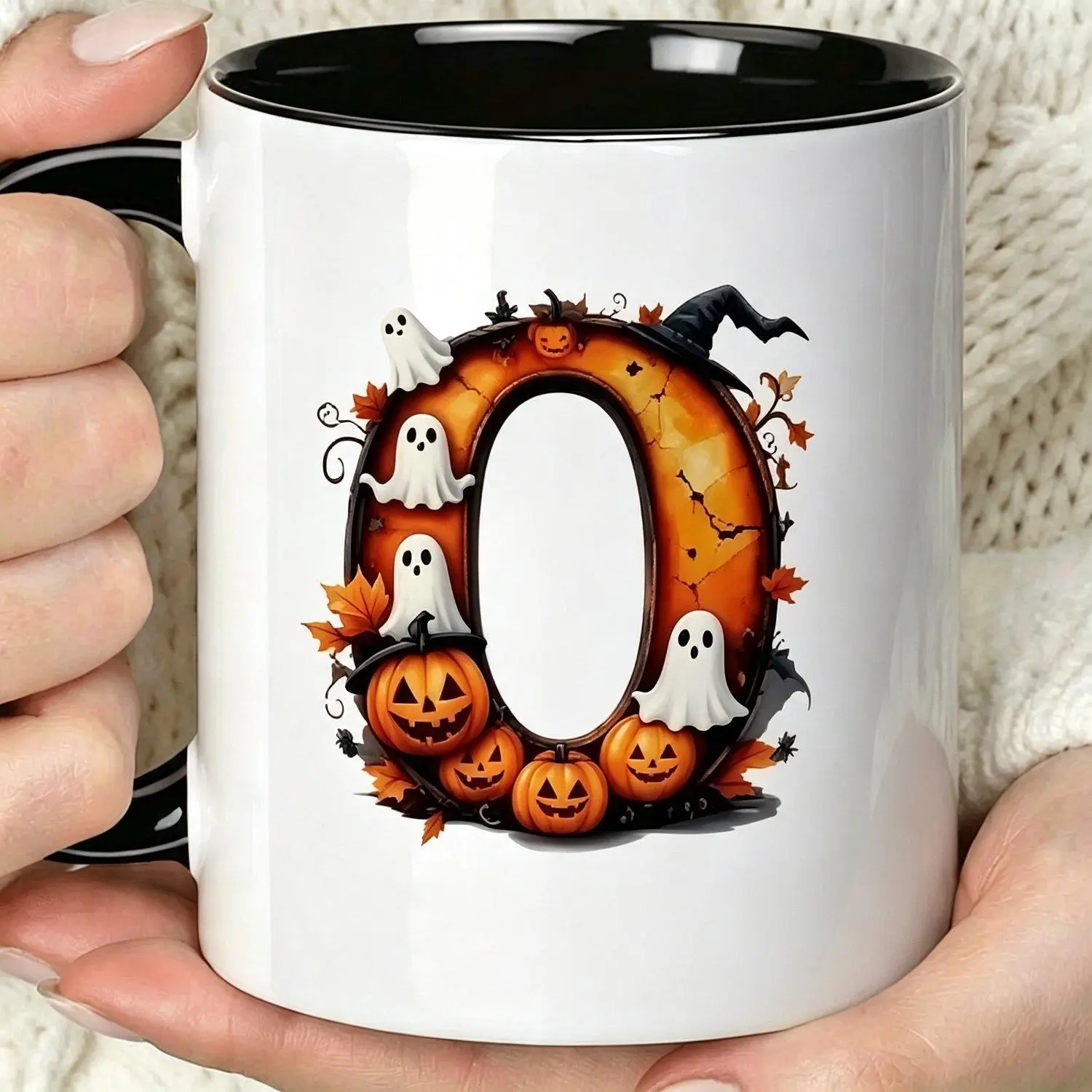 Cute Letter O Initial Halloween Mug Ghost Pumpkin Bat Fall Spooky Season Ceramic Coffee Cup Holiday Present Fall Vibes Initial O Pumpkin Ghost Coffee Cup