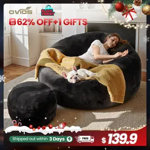 【Jumpstart Sale】Ovios 59" W Jumbo Bean Bag Lounger with Ottoman - Oversize Plush Bean Bag Sofas with Super Soft Microsuede Cover- XL Memory Foam Stuffed Lounger Couch for Adults, Kids, Couples, Pets