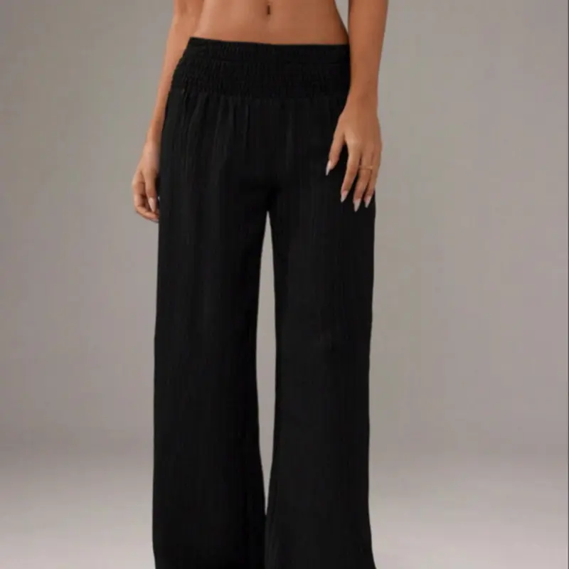 Women's High Waist Bohemian Woven Beach Pants, High Waist Boho Elastic Waistband Loose-Fitting Casual Drape Long Trousers, Fashionable All-Season Wear Bottom, Womenswear