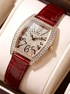 Women's Luxury Full Diamond Barrel Watch, Vintage Crocodile Strap, Rose Gold Case with Diamonds, Clear Dial, Perfect Gift