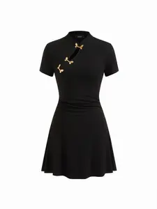 Cider Mandarin Collar Short Sleeve Metal Detail Cut Out Ruched Mini Dress