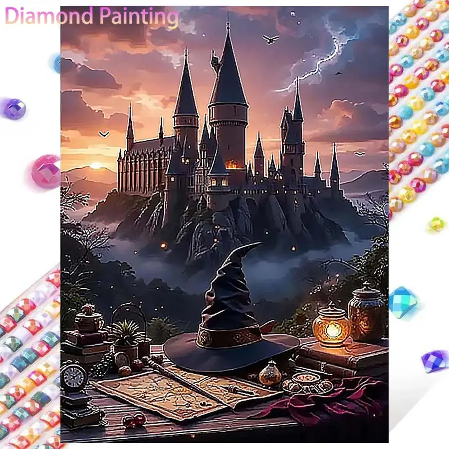 1 set of DIY diamond painting kit, 5D diamond art kit, DIY decoration castle, magic hat, night scene, diamond painting kit with full round diamonds, mosaic, diamond art, DIY art home decoration, suitable for Christmas.