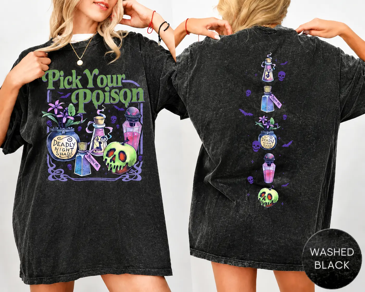 Pick Your Poison Double Sided Washed Black Tee Evil Queen Poison Apple Potion Bottles Graphic Shirt Retro Villain Halloween Spooky Season Loose Witchy Gothic Casual Top For Women