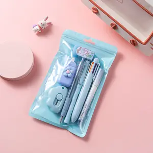 Cute Stationery Set Purple/Pink/Blue Kawaii back to School Supplies Office Supplies Women Girls Stationery Kit Including Ballpoint Pens Pencil Highlighter Correction Tape Ruler Eraser Sharpener utility knife,7-pcs stationery supplies&writing essentials