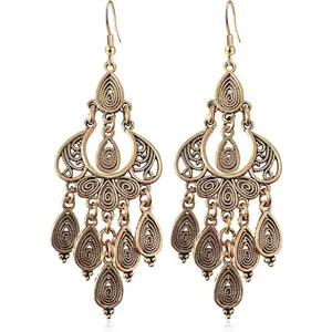 Bohemian  Bronze Chandelier Teardrop Flower Geometry Dangle Drop Earrings For Women