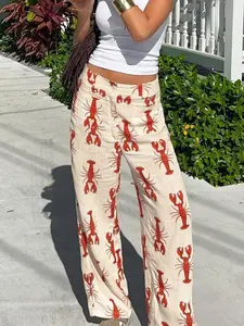 Women's Casual Vacation Style Lobster Print Wide Leg Pants, Perfect for Summer, Comfortable and Stylish Long Trousers