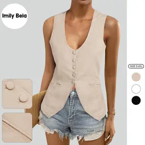Imily Bela Womens Scoop Neck Blazer Vest Summer Linen Sleeveless Fitted Waistcoat Work Casual Cotton Suit Tops