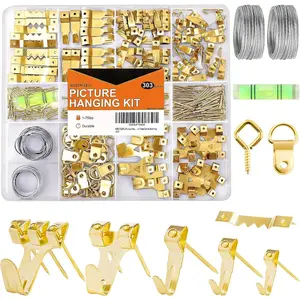 303Pcs Picture Hanging Kit, Picture Hangers Assorted Kit with Heavy Duty Picture Hanging Hooks/Hardware Nails/Sawtooth/Wire/D Rings/Level, Metal Picture Wall Hooks for Frame Canvas Mounting