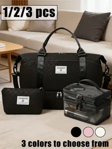 A set of three travel bags, including a convenient shoulder tote, a multi-functional sewn tote, a travel bag with a cosmetic bag and wallet, a stylish three-piece travel set, and a yoga training bag with a retractable handle, suitable for short trips.
