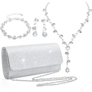 Women Clutch Purse Jewelry Set, 4PCS Evening Rhinestone Purse and Accessories, Great For Birthday, Party, Christmas, Wedding Anniversary Bling Chain