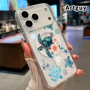 Sea - turtle Fantasy Pattern Magnetic Phone Case for iPhone 17 16  Pro Max Plus 15 14 13 12 11 Air E Anti-Yellowing Shockproof Lightweight Transparent Acrylic Large Hole Soft Cover Supports Wireless Charging