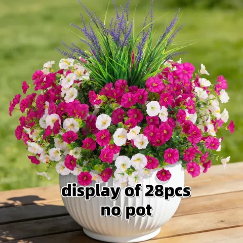 Artificial Flowers Fake Plants for Outdoor Decoration, 12/24 Bundles Silk Morning Glory with 2/4PCS Lavender, UV Resistant Faux Spring Flowers for Yard Patio Garden, Plastic Silk Flower, Decorative Faux Flowers, Faux Flower Decorations